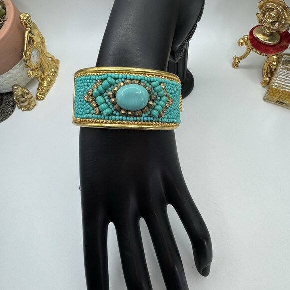 Modern Beaded Cuff Bracelet Turquoise Gold Tone Boho Statement Wide Bangle - Picture 2 of 7